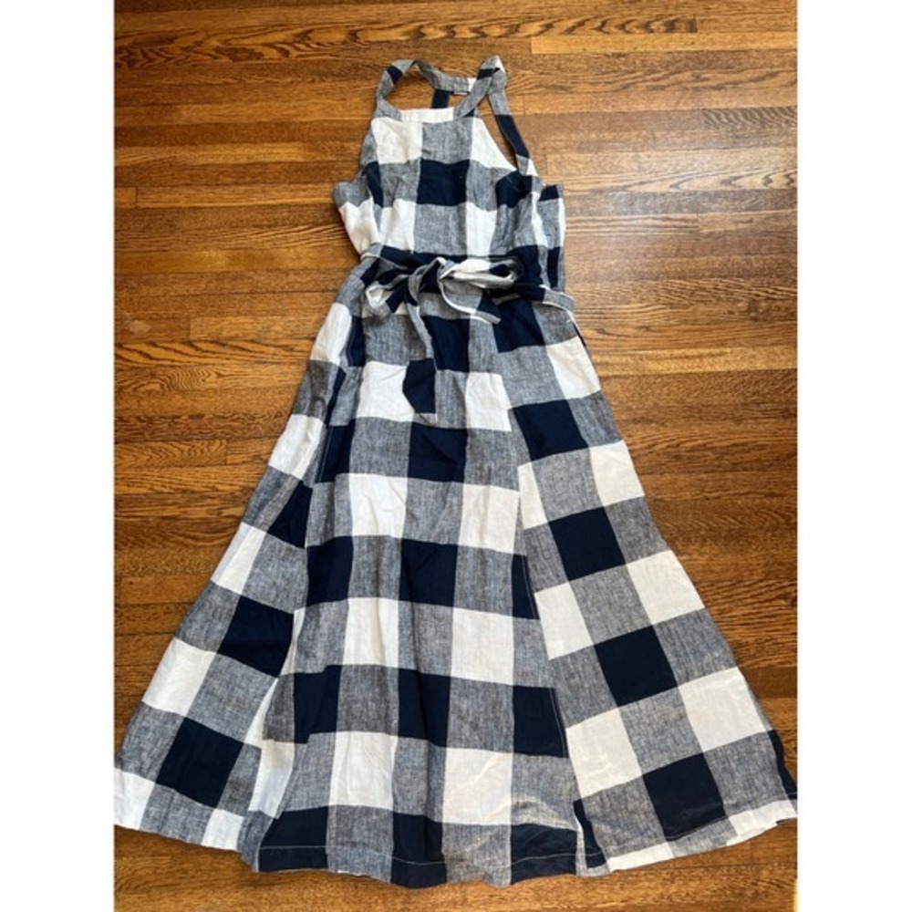 Crown & Ivy Navy White Buffalo Check Linen Halter Maxi Dress Size 4